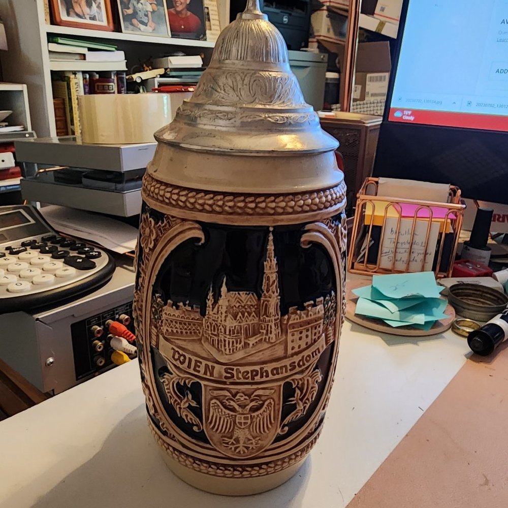 Vintage Gerz Brand Wien Vienna Landmarks Pewter Lidded Ceramic Beer Stein